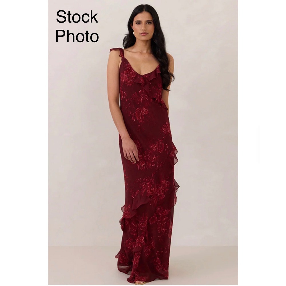 Park & Fifth Majorca Dress XXL Garnet Red Floral Ruffle Maxi Wedding Guest NEW